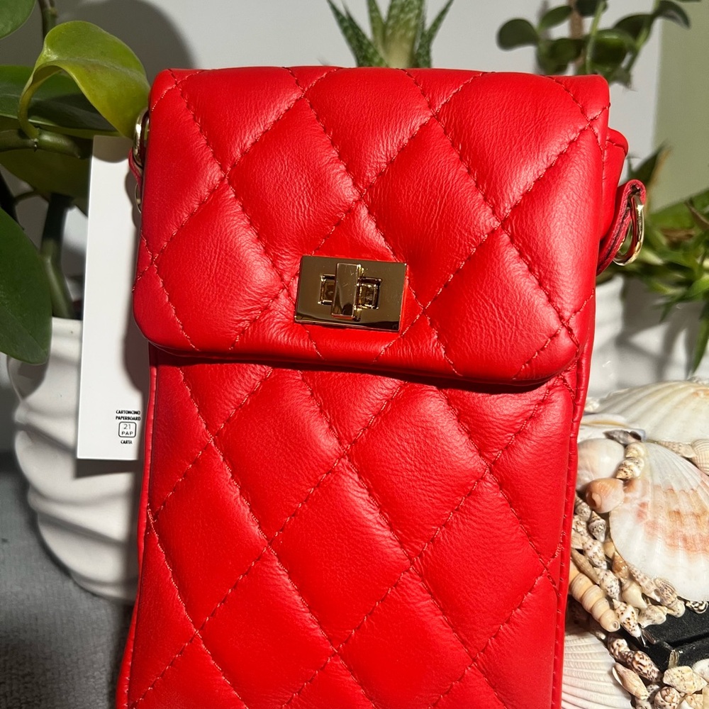 Made in Italy Quilted Red Leather CHEVAL Crossbody Phone Bag with Gold Turn-Lock
